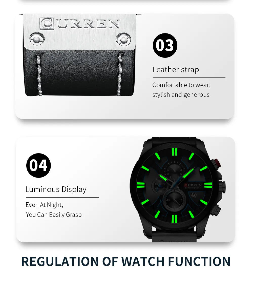 CURREN Men's Sports Watch with Chronograph and Leather Band