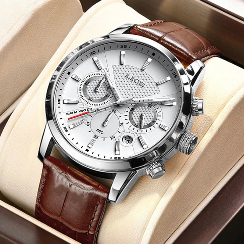 LIGE Men's Leather Luxury Sports Watch Waterproof