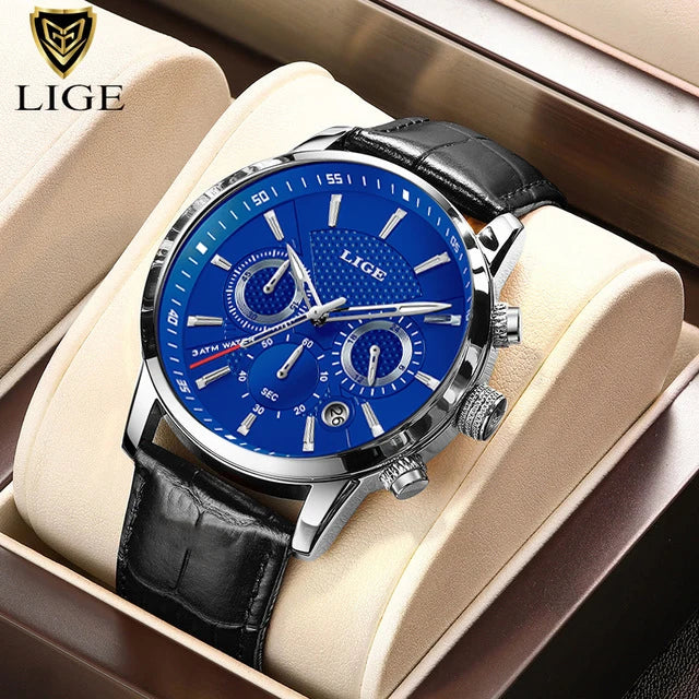 LIGE Men's Leather Luxury Sports Watch Waterproof