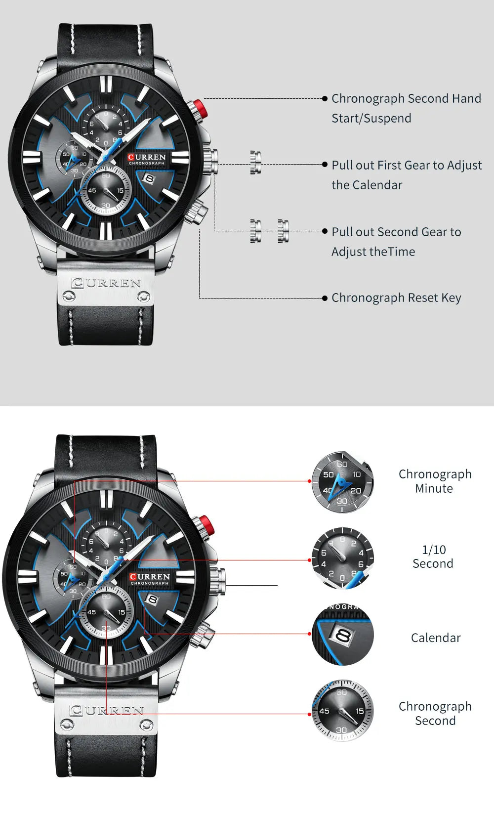 CURREN Men's Sports Watch with Chronograph and Leather Band