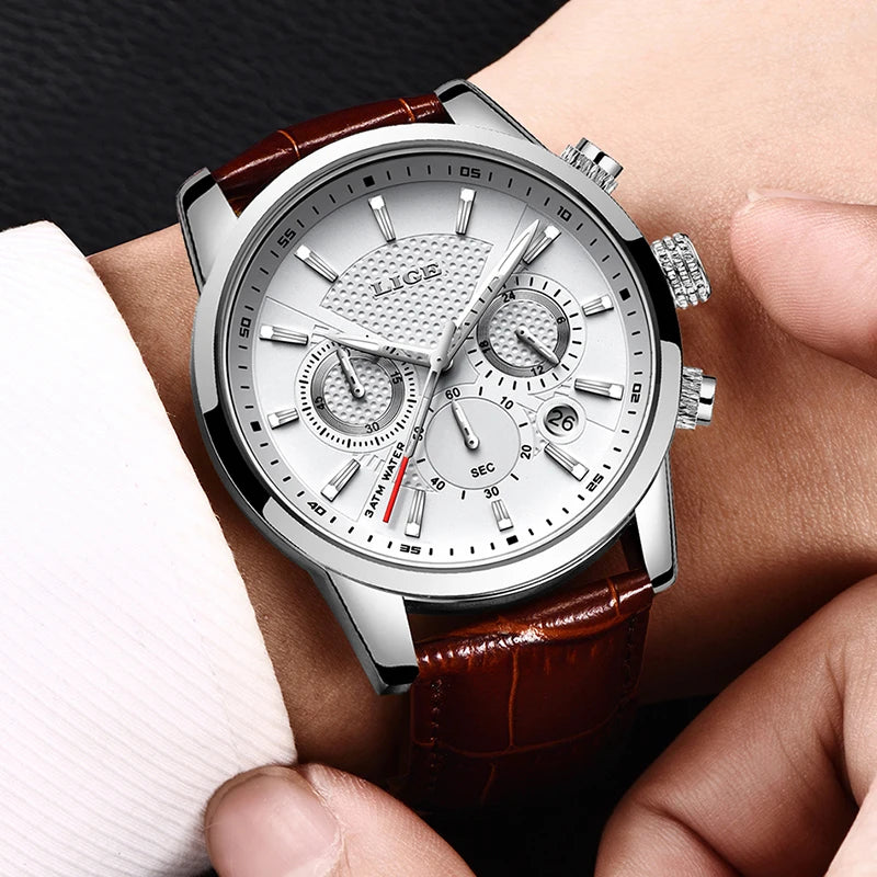 LIGE Men's Leather Luxury Sports Watch Waterproof
