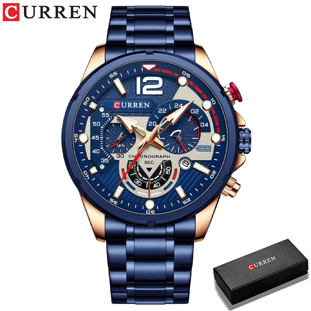 CURREN Men's Stainless Steel Sport Watch Chronograph with Luminous Dial