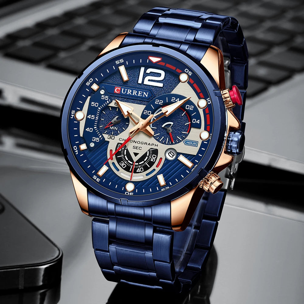 CURREN Men's Stainless Steel Sport Watch Chronograph with Luminous Dial