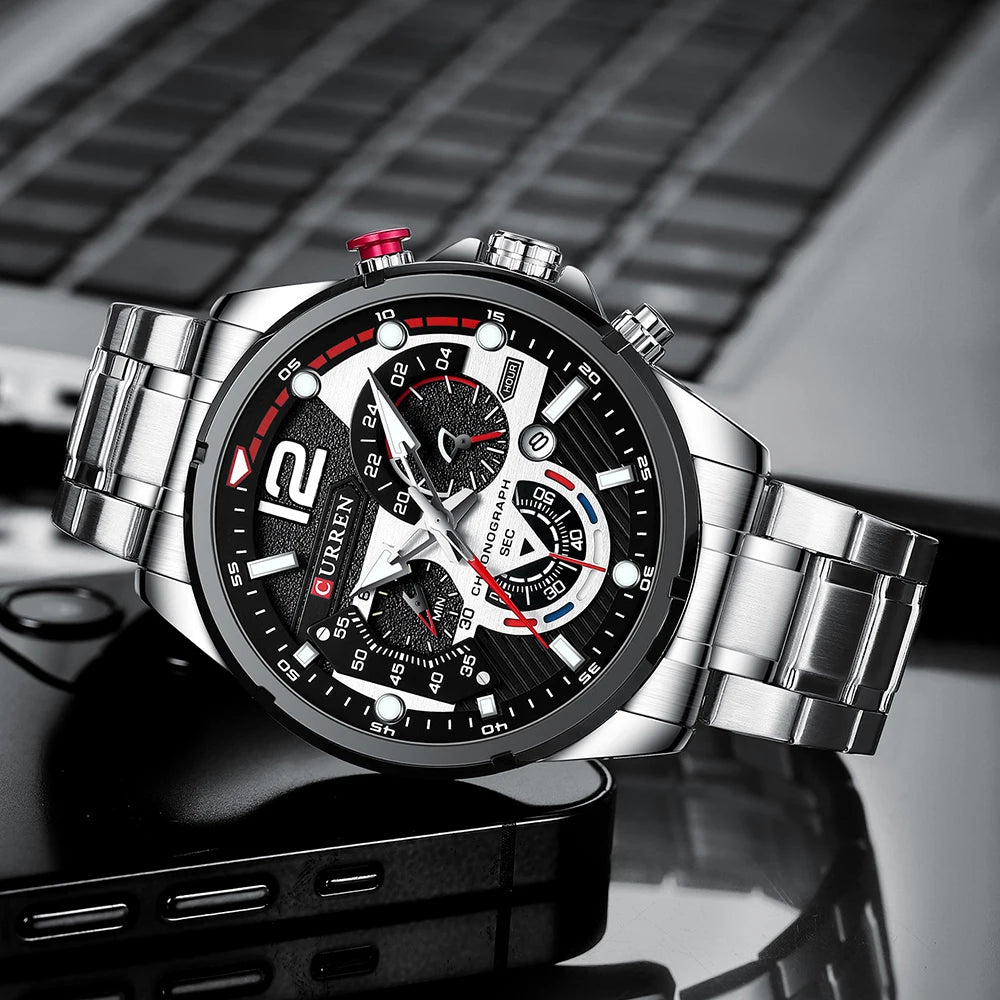 CURREN Men's Stainless Steel Sport Watch Chronograph with Luminous Dial