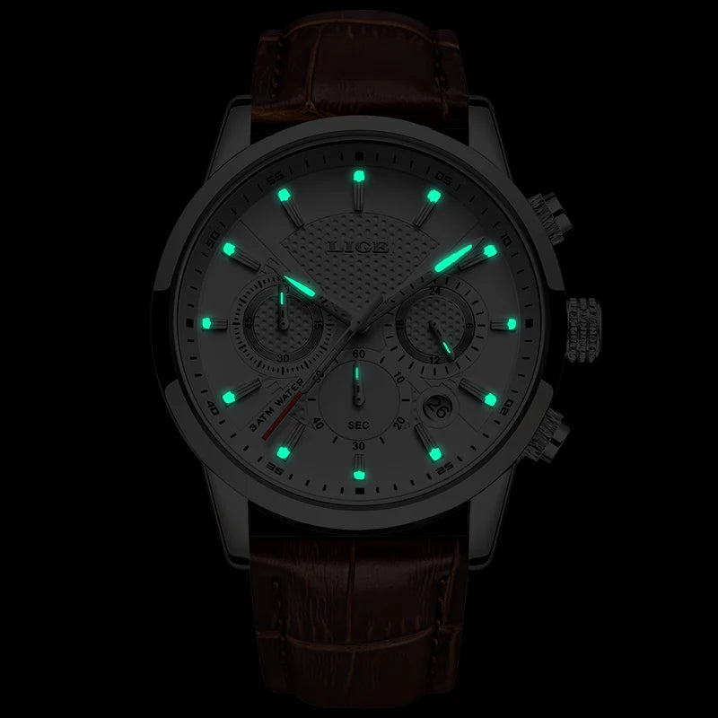 LIGE Men's Leather Luxury Sports Watch Waterproof