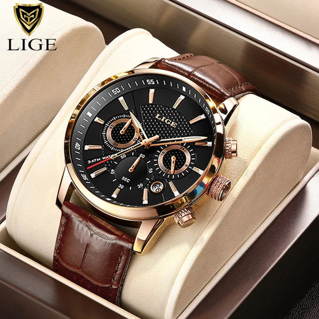 LIGE Men's Leather Luxury Sports Watch Waterproof