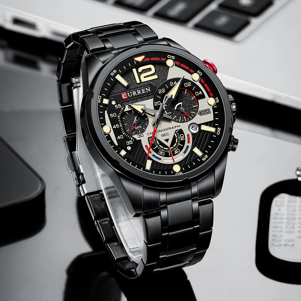 CURREN Men's Stainless Steel Sport Watch Chronograph with Luminous Dial