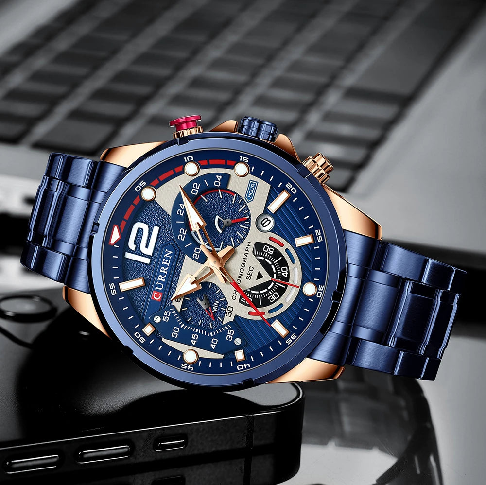 CURREN Men's Stainless Steel Sport Watch Chronograph with Luminous Dial