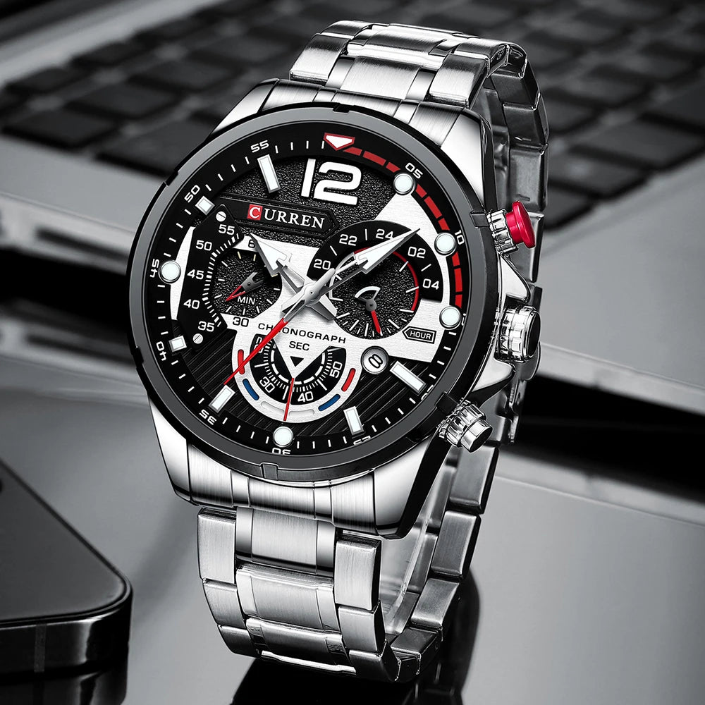 CURREN Men's Stainless Steel Sport Watch Chronograph with Luminous Dial