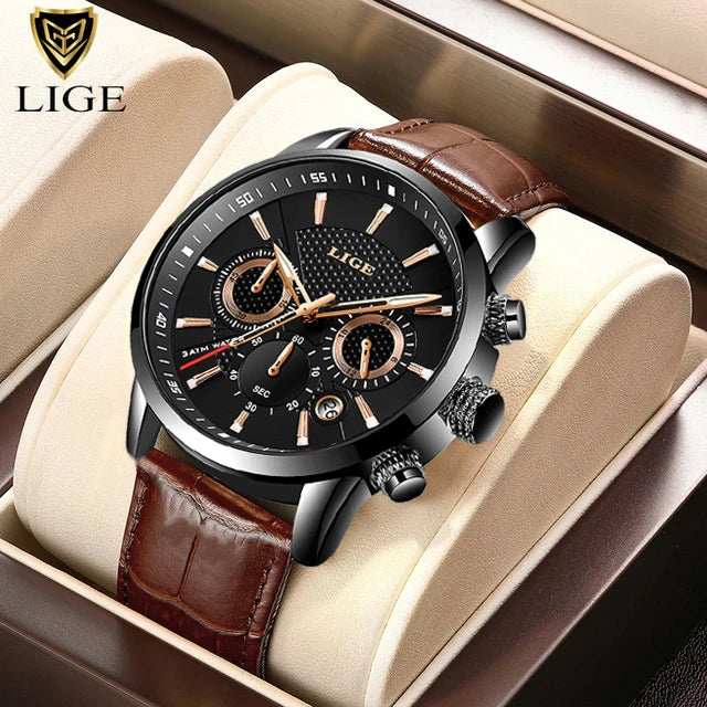 LIGE Men's Leather Luxury Sports Watch Waterproof