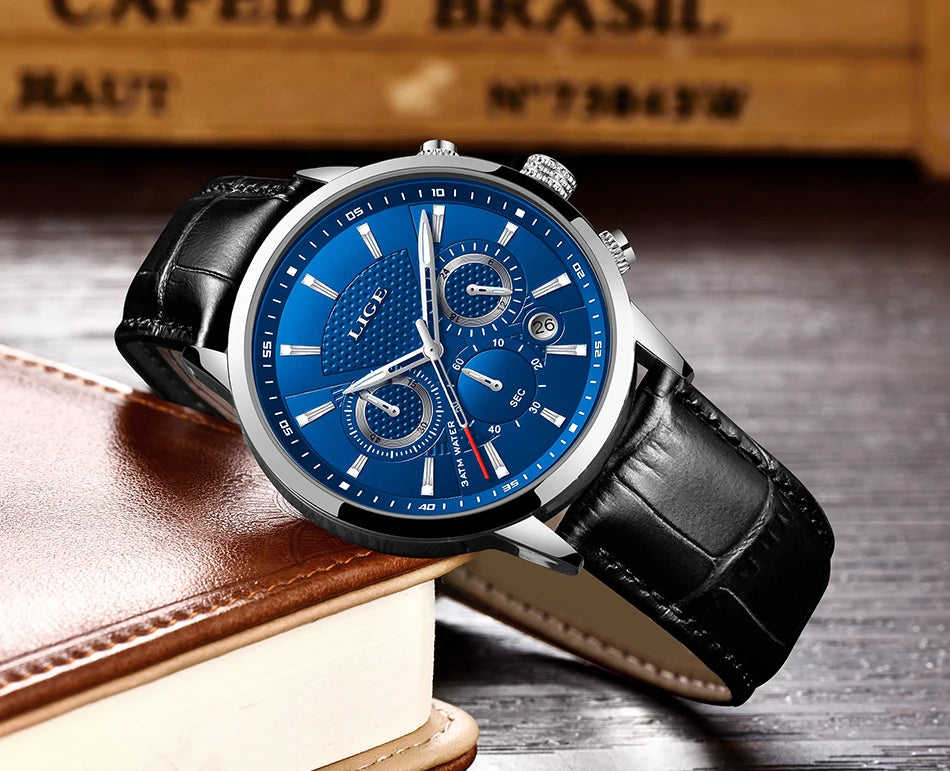 LIGE Men's Leather Luxury Sports Watch Waterproof