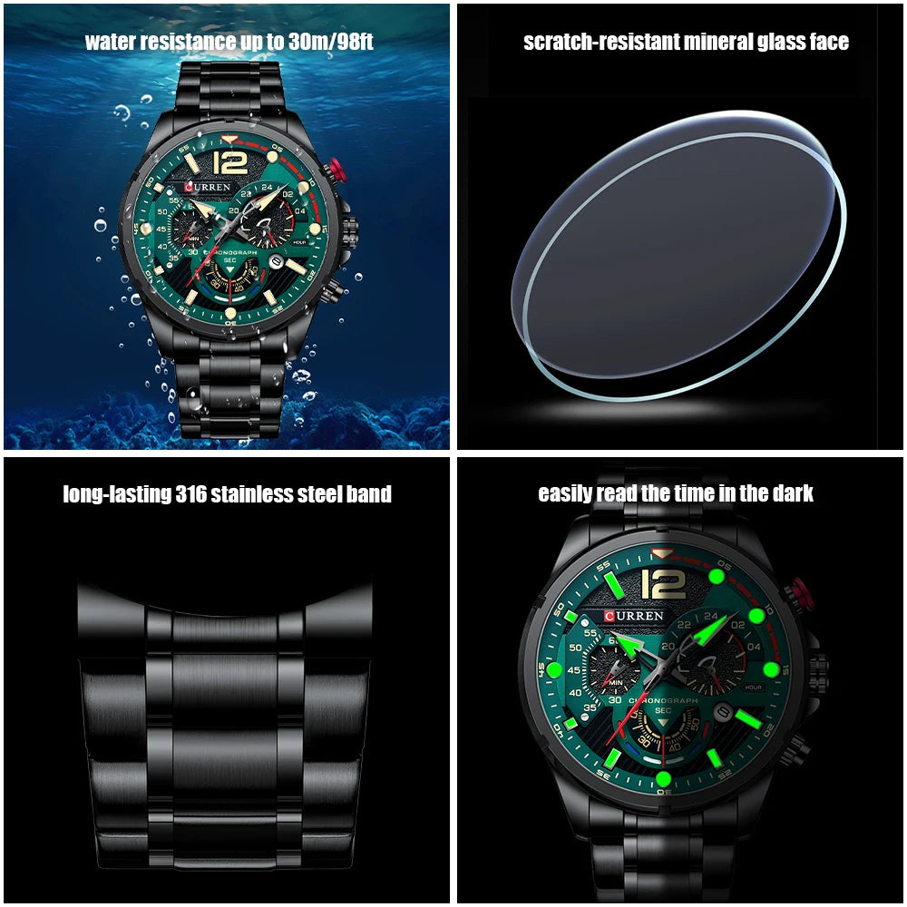 CURREN Men's Stainless Steel Sport Watch Chronograph with Luminous Dial