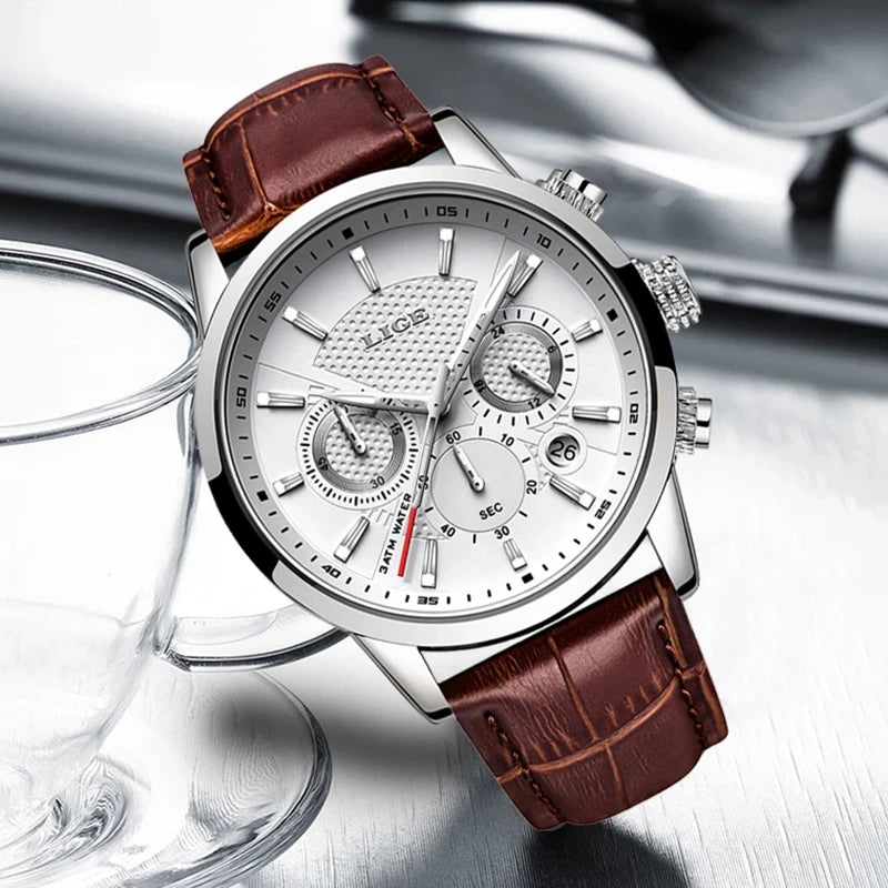 LIGE Men's Leather Luxury Sports Watch Waterproof