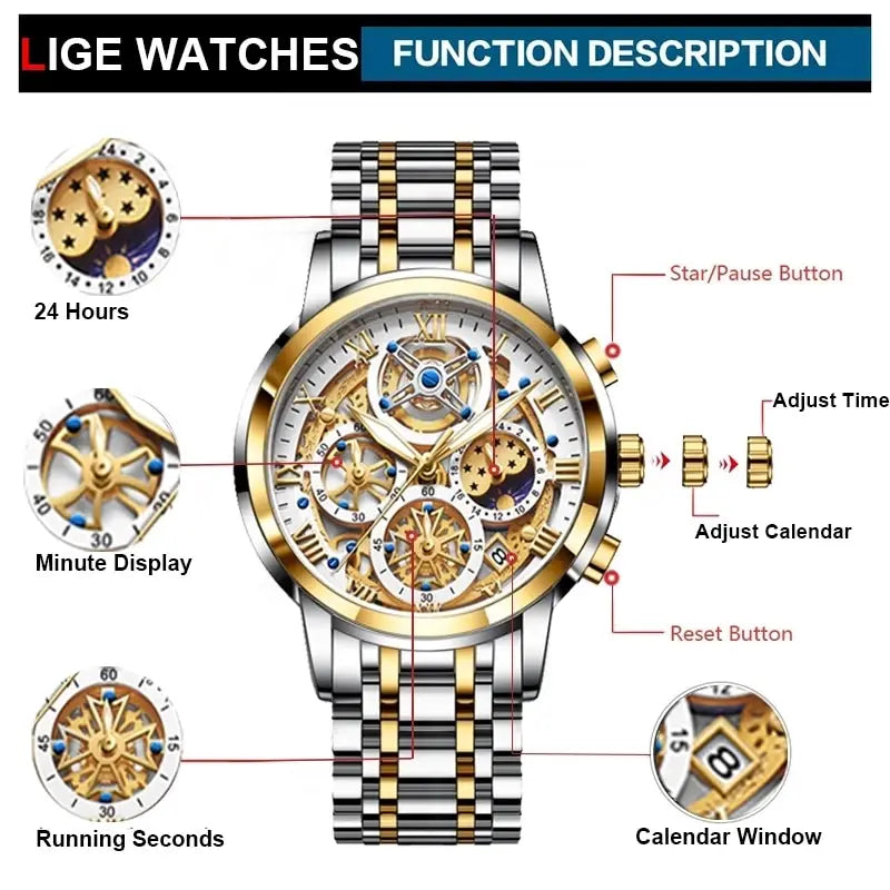 LIGE Men's Military Hollow Sports Watch Waterproof with Chronograph