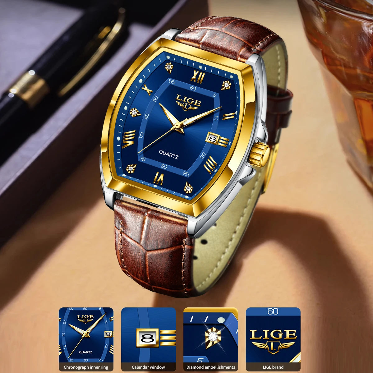 LIGE Men's Luxury Diamond Dial Leather Watch Waterproof Luminous