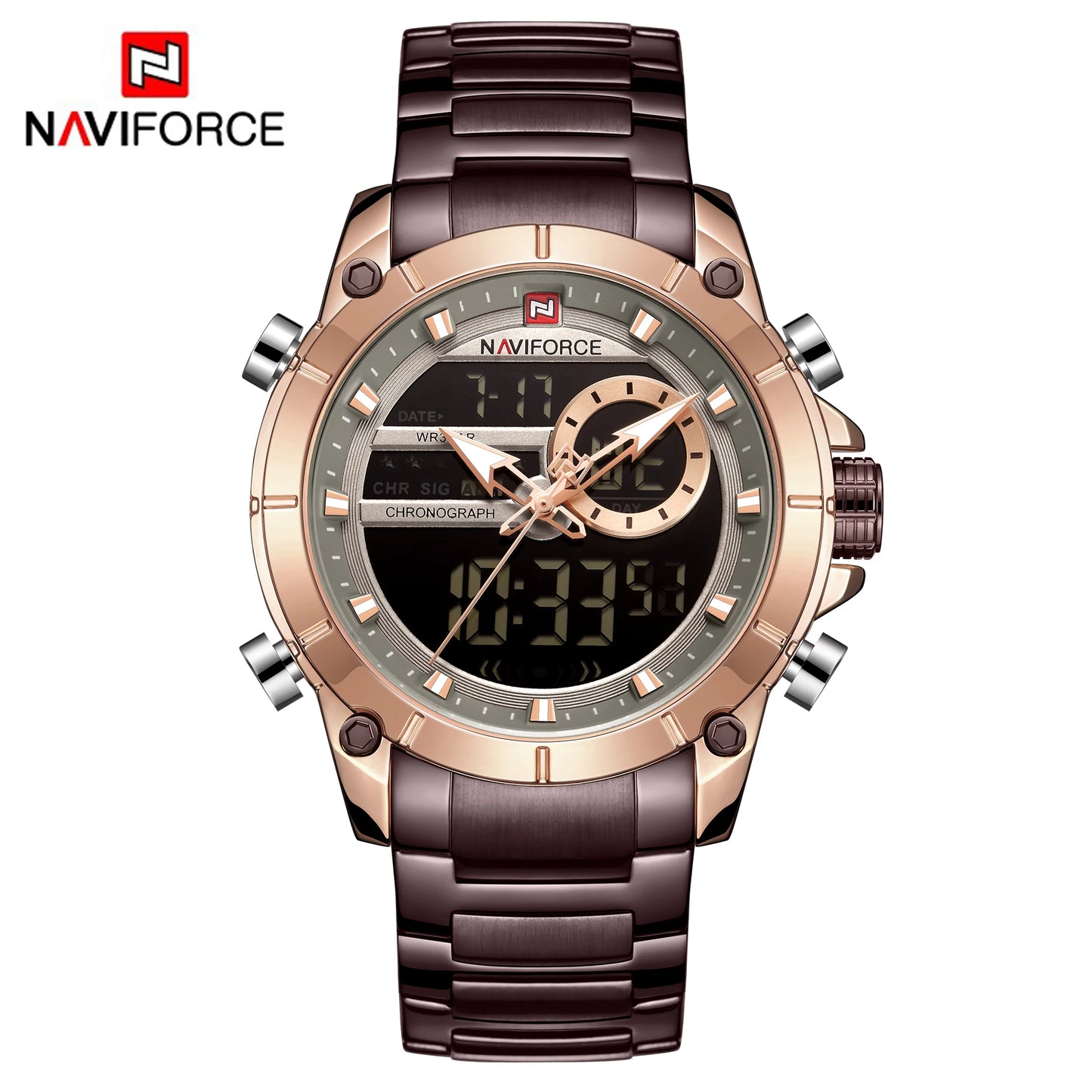 NAVIFORCE Men's Luxury Military Sport Steel Wrist Watch Waterproof Dual Display
