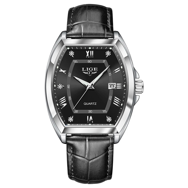 LIGE Men's Luxury Diamond Dial Leather Watch Waterproof Luminous