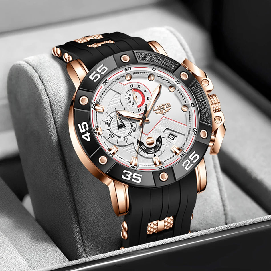 LIGE Men's Silicone Strap Military Sport Watch Waterproof Chronograph