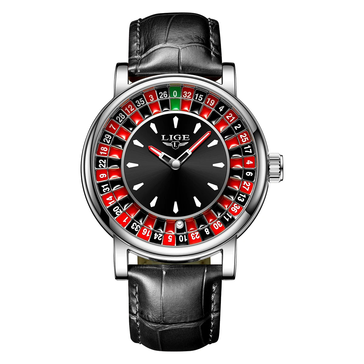 LIGE Men's Fashion Brown/Black Leather Watch Rotating Dial Las Vegas Roulette Waterproof