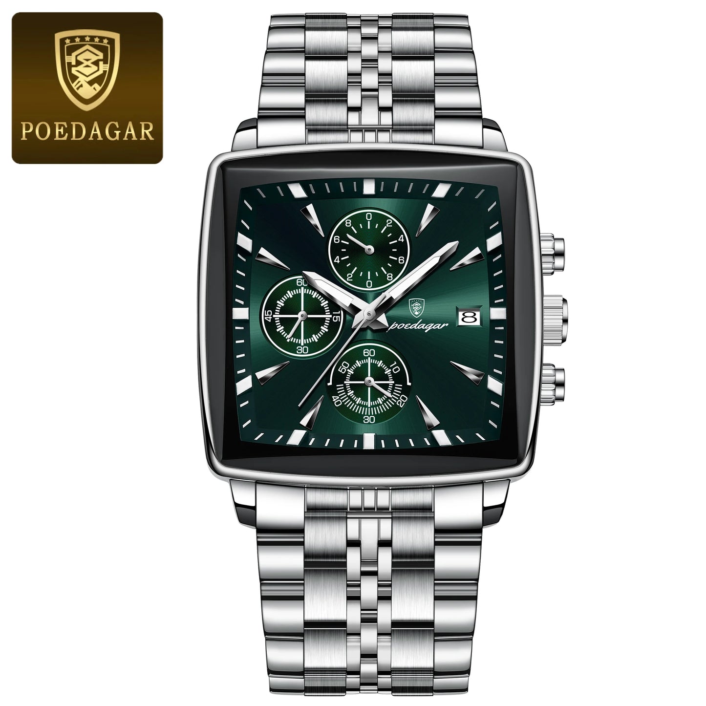 POEDAGAR Men's Business Waterproof Square Luminous Chronograph Watch Stainless Steel