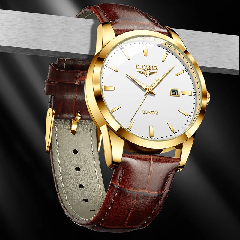 LIGE Men's Brown Leather Military Sports Watch Chronograph