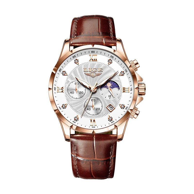 LIGE Men's Luxury Leather Casual Business Watch Waterproof Luminous