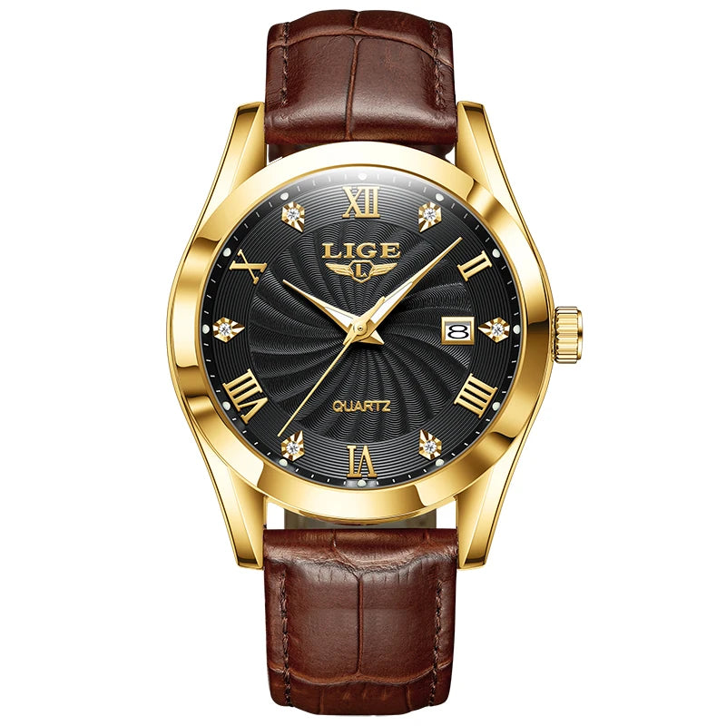 LIGE Men's Luxury Leather Sports Watch Waterproof Luminous