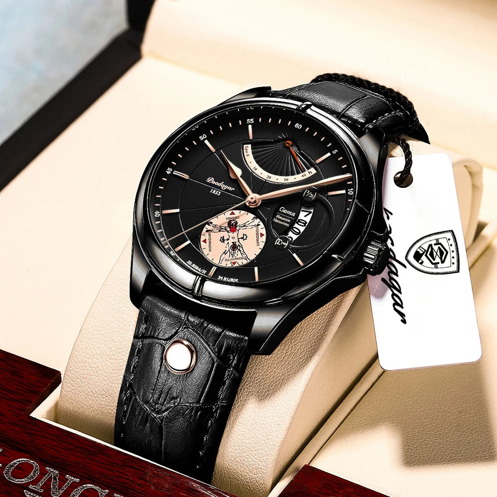POEDAGAR Men's Luxury Business Leather Wristwatch Waterproof Luminous