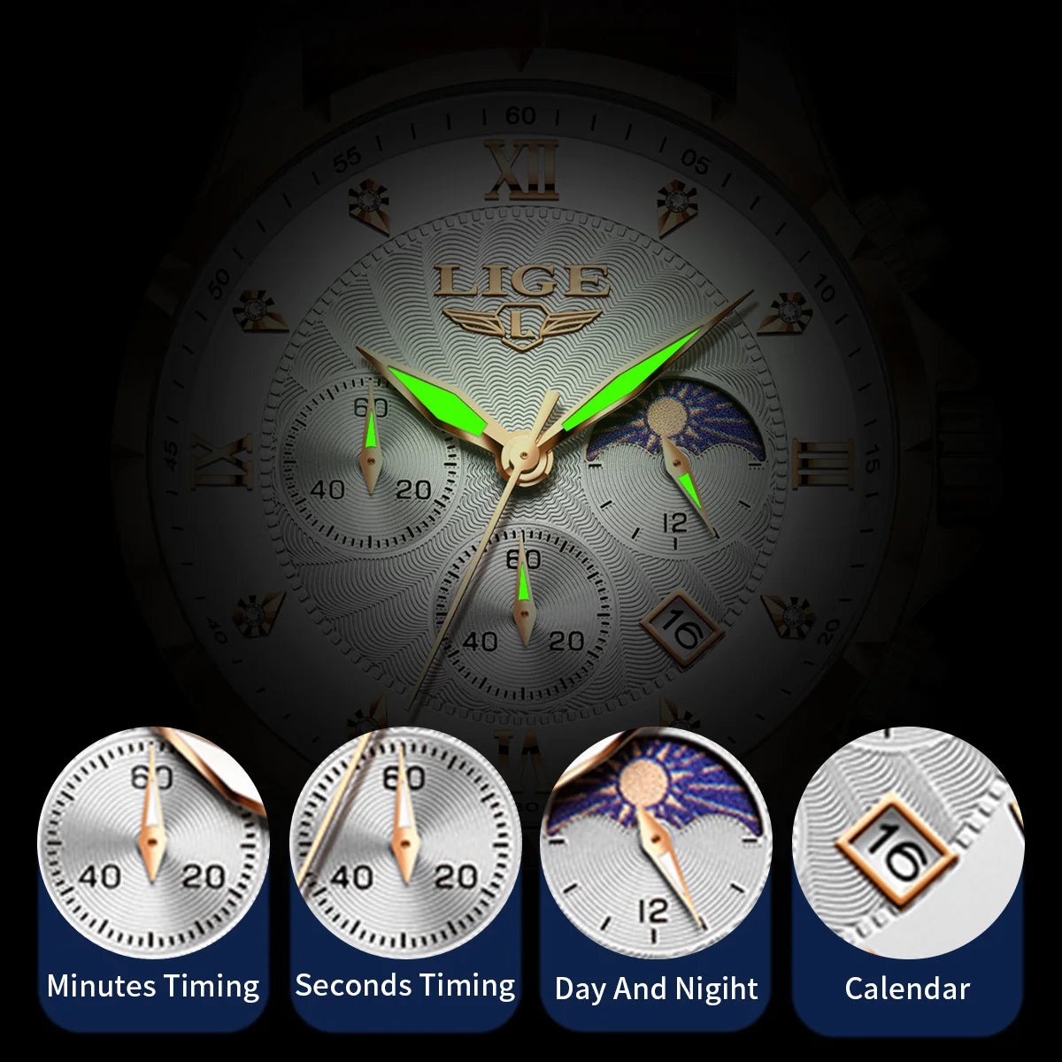 LIGE Men's Luxury Leather Casual Business Watch Waterproof Luminous