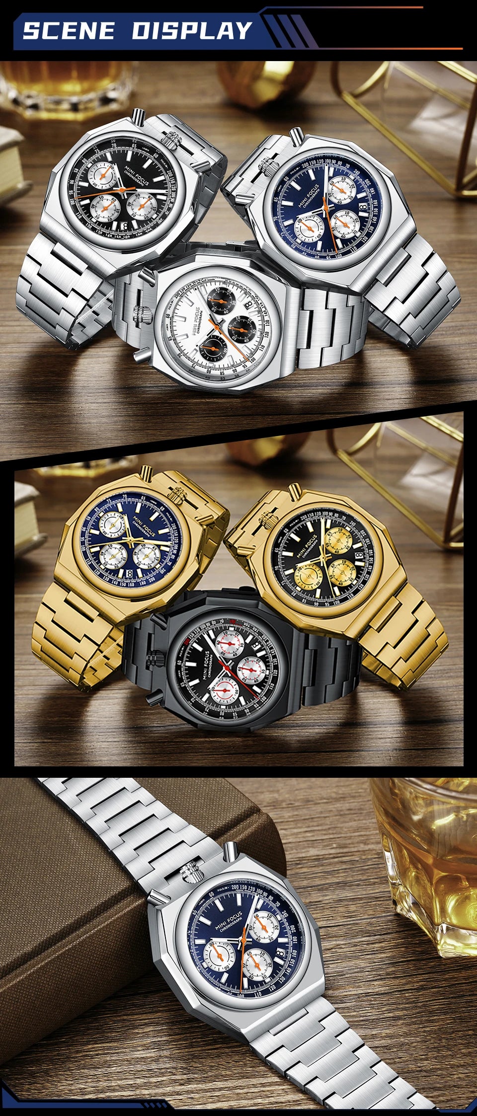 MINI FOCUS Men's Multifunctional Bull Head Quartz Watch Luminous with Stainless Steel Strap