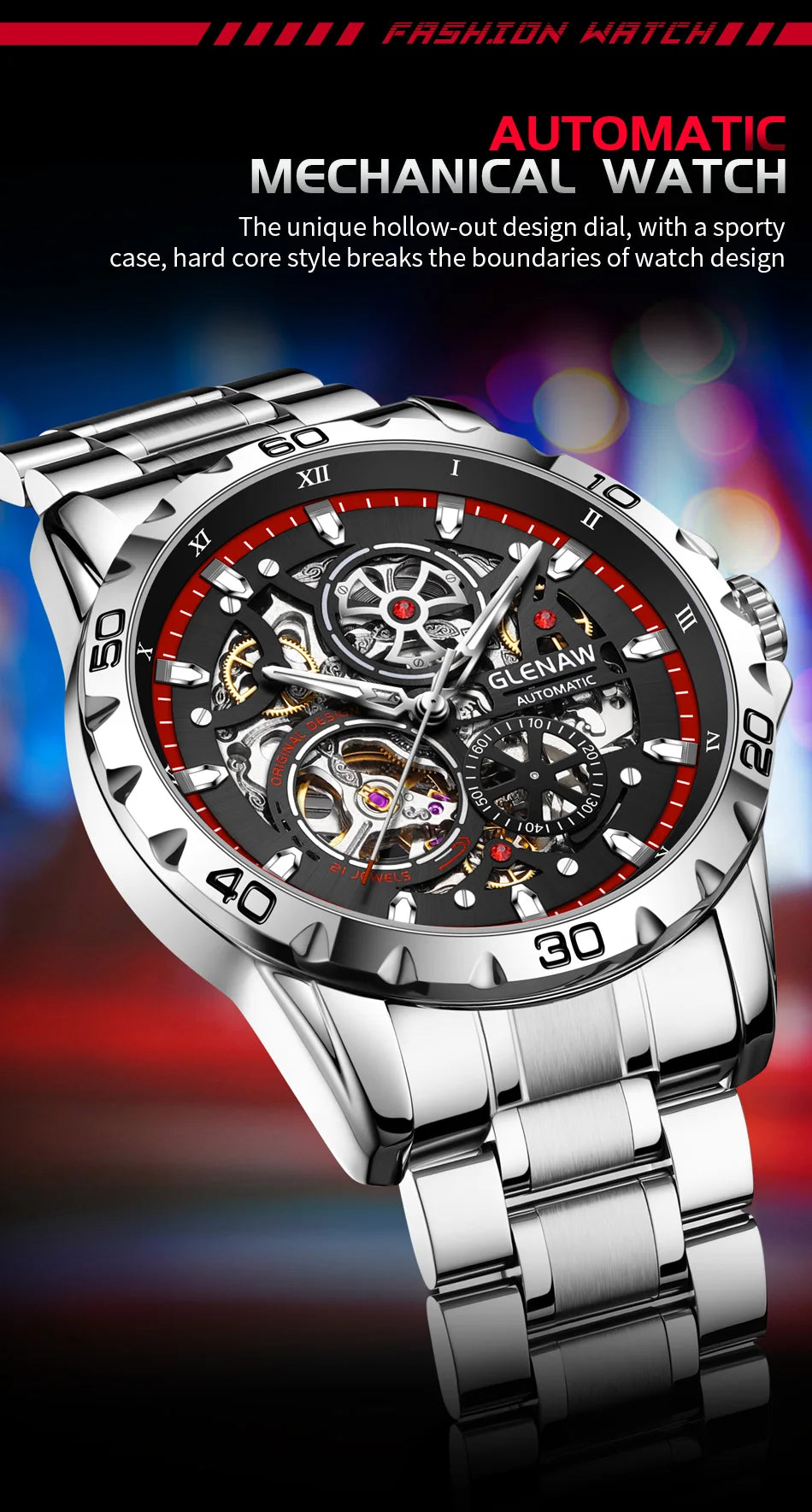 GLENAW Men's Steampunk Skeleton Waterproof Watch Luminous Stainless Steel Strap