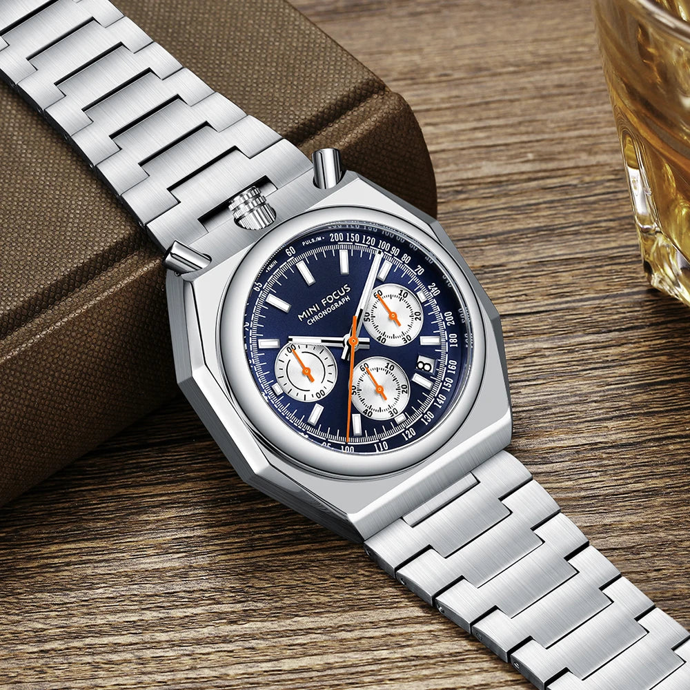 MINI FOCUS Men's Multifunctional Bull Head Quartz Watch Luminous with Stainless Steel Strap