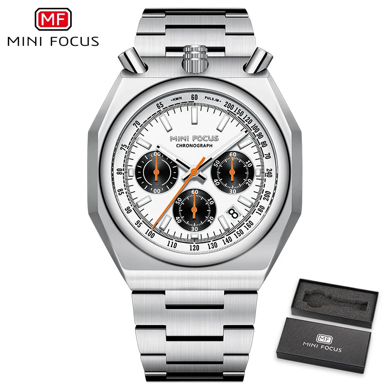 MINI FOCUS Men's Multifunctional Bull Head Quartz Watch Luminous with Stainless Steel Strap
