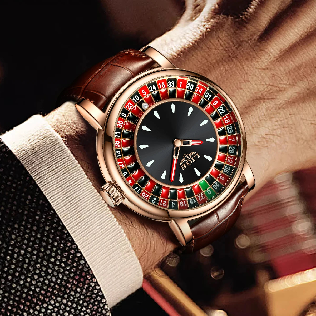 LIGE Men's Fashion Brown/Black Leather Watch Rotating Dial Las Vegas Roulette Waterproof