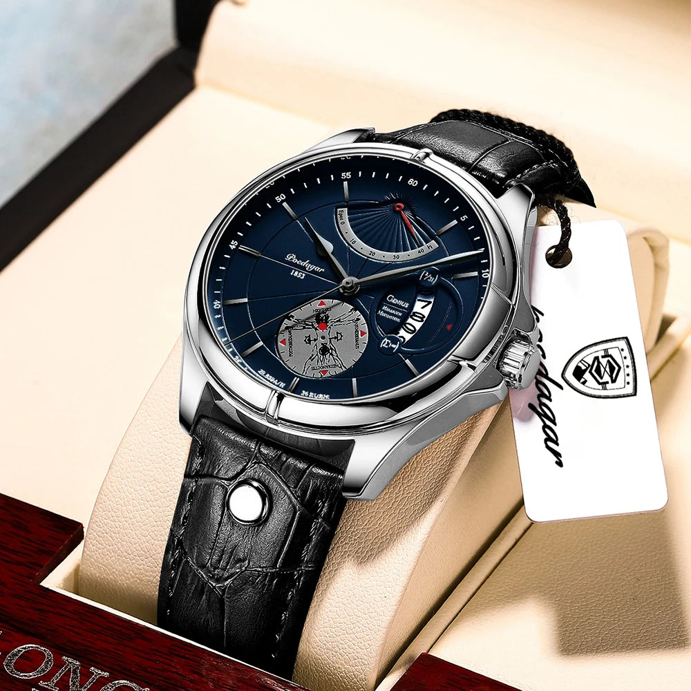 POEDAGAR Men's Luxury Business Leather Wristwatch Waterproof Luminous