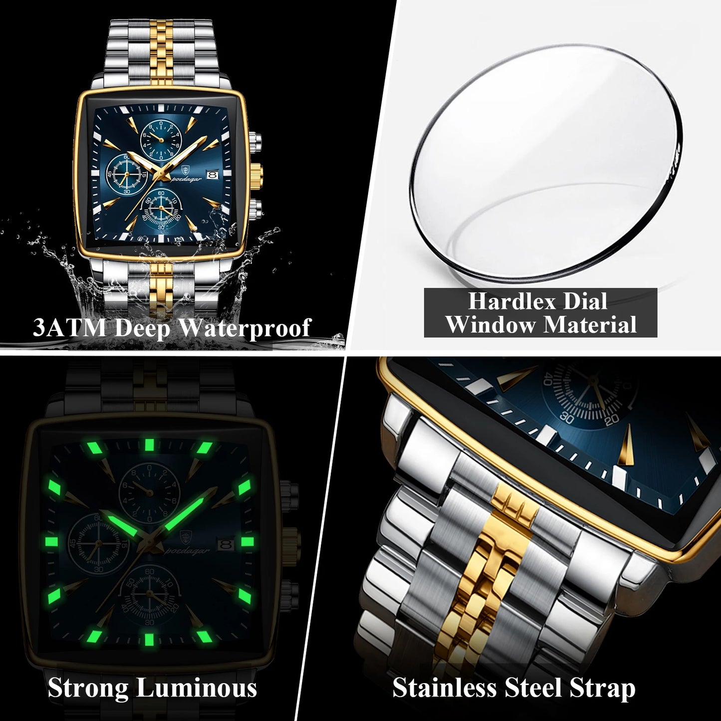 POEDAGAR Men's Luminous Waterproof Square Face Chronograph Stainless Steel Wristwatch