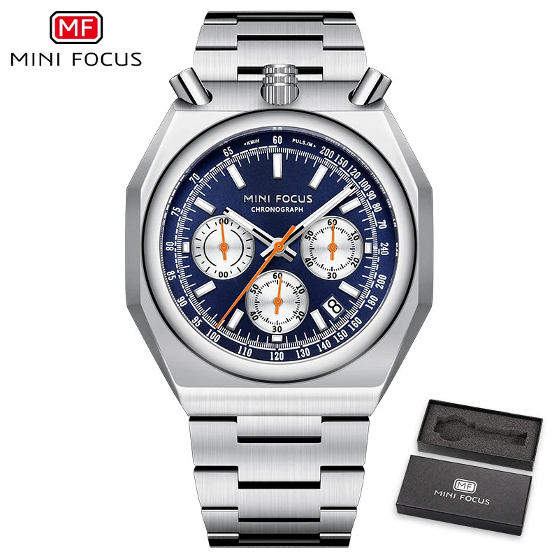 MINI FOCUS Men's Multifunctional Bull Head Quartz Watch Luminous with Stainless Steel Strap