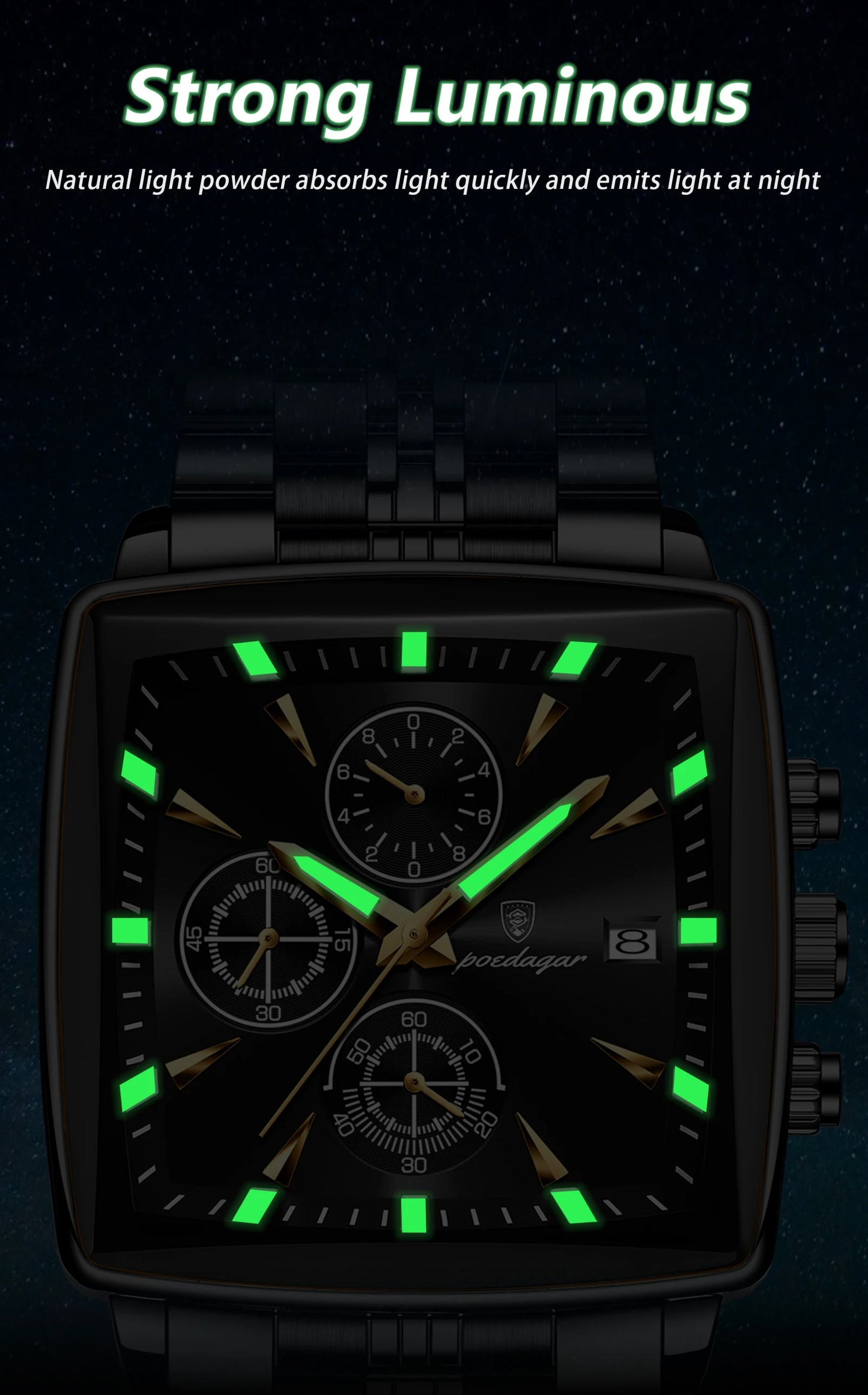 POEDAGAR Men's Business Waterproof Square Luminous Chronograph Watch Stainless Steel