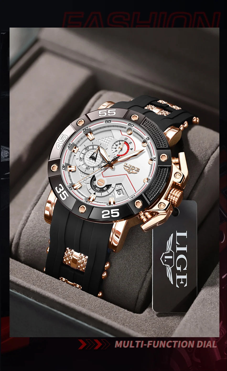LIGE Men's Silicone Strap Military Sport Watch Waterproof Chronograph