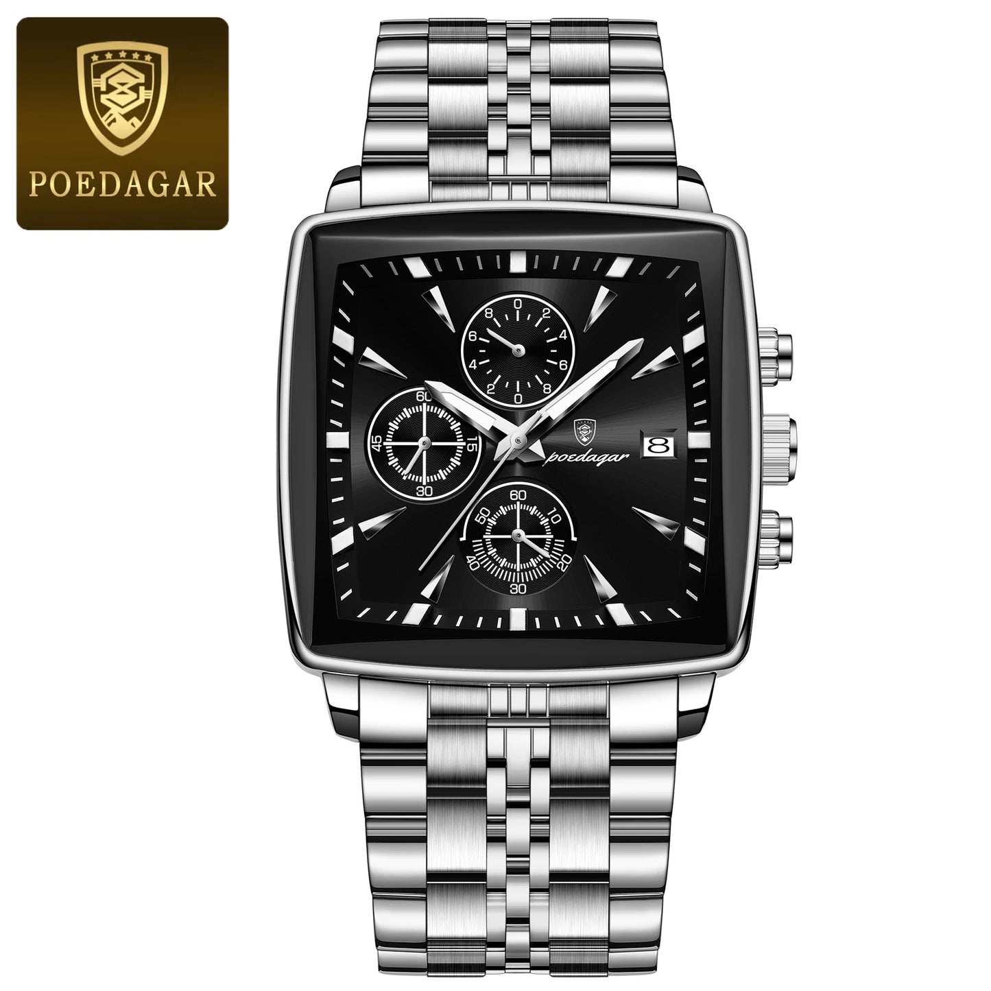 POEDAGAR Men's Business Waterproof Square Luminous Chronograph Watch Stainless Steel