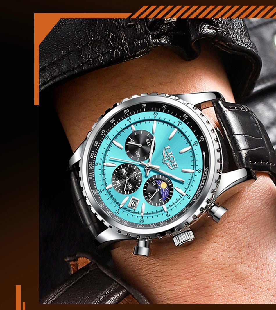 LIGE Men's Luxury Leather and Waterproof Wrist Watch