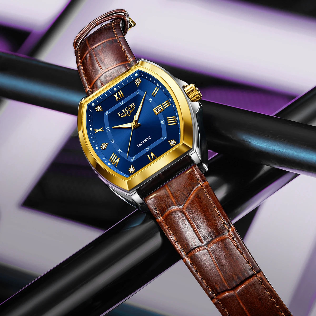 LIGE Men's Luxury Diamond Dial Leather Watch Waterproof Luminous
