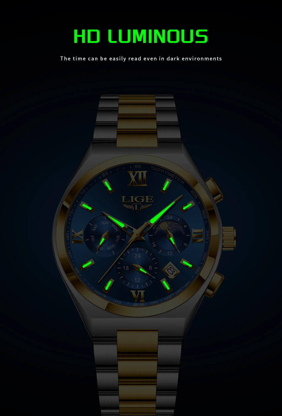 LIGE Original Men's Stainless Steel Sport Watch Waterproof Luminous