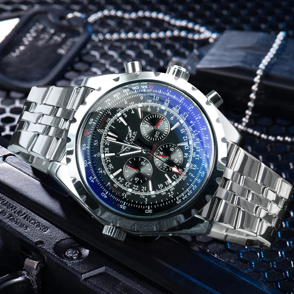 JARAGAR Men's Military Luxury Sport Watch Brand with Silver Stainless Steel Strap