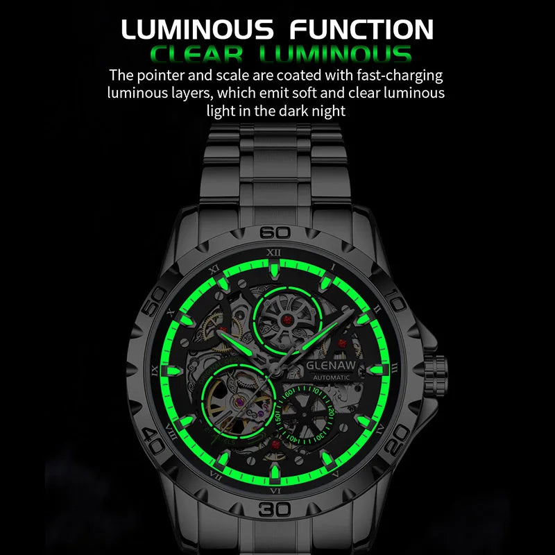 GLENAW Men's Steampunk Skeleton Waterproof Watch Luminous Stainless Steel Strap