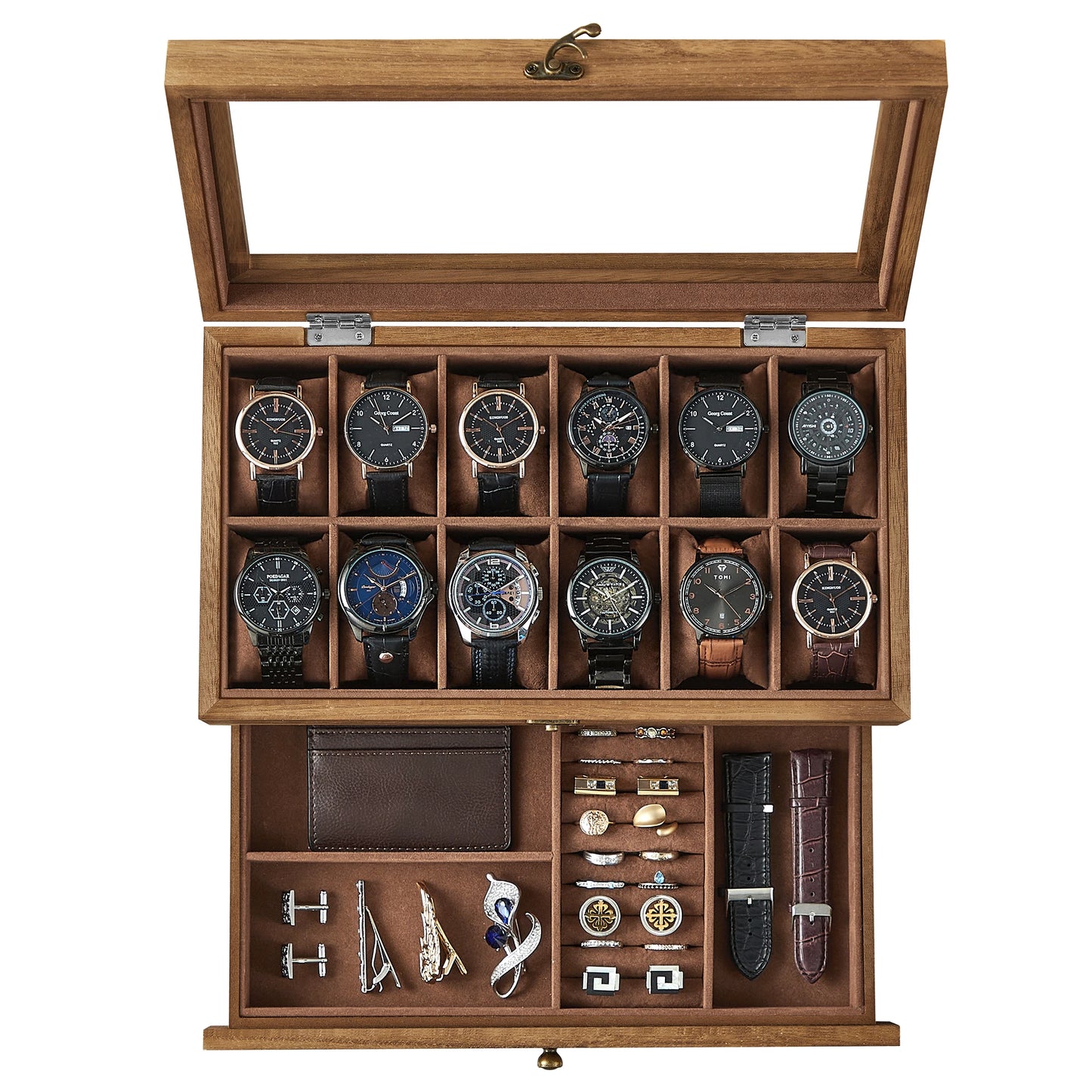 SONGMICS 12-Slot Watch Box, 2-Tier Watch Display Case with Large Glass Lid and Removable Watch Pillows | Velvet Lining | Accessory Box