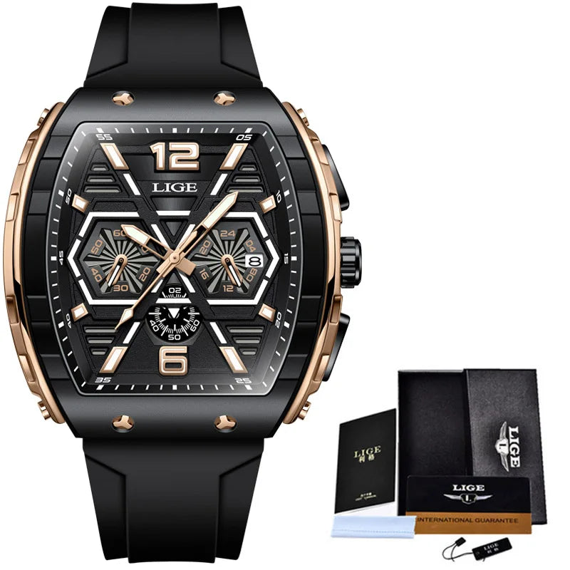LIGE Men's Luxury Square Silicone Military Watch Waterproof