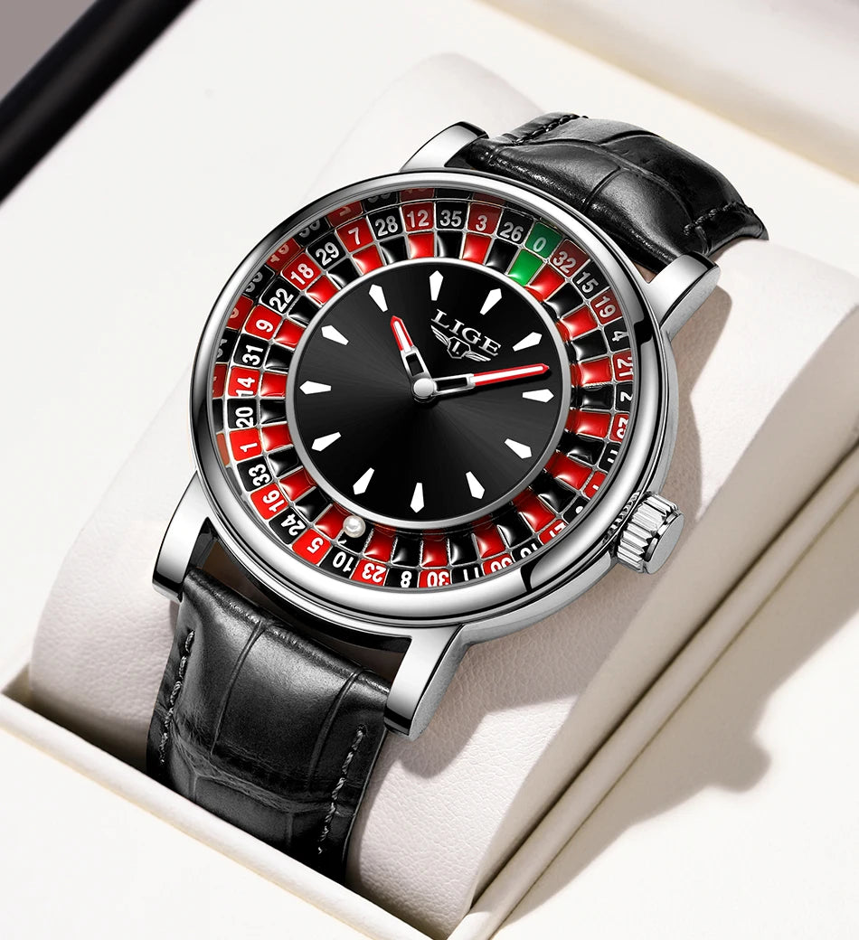 LIGE Men's Fashion Brown/Black Leather Watch Rotating Dial Las Vegas Roulette Waterproof