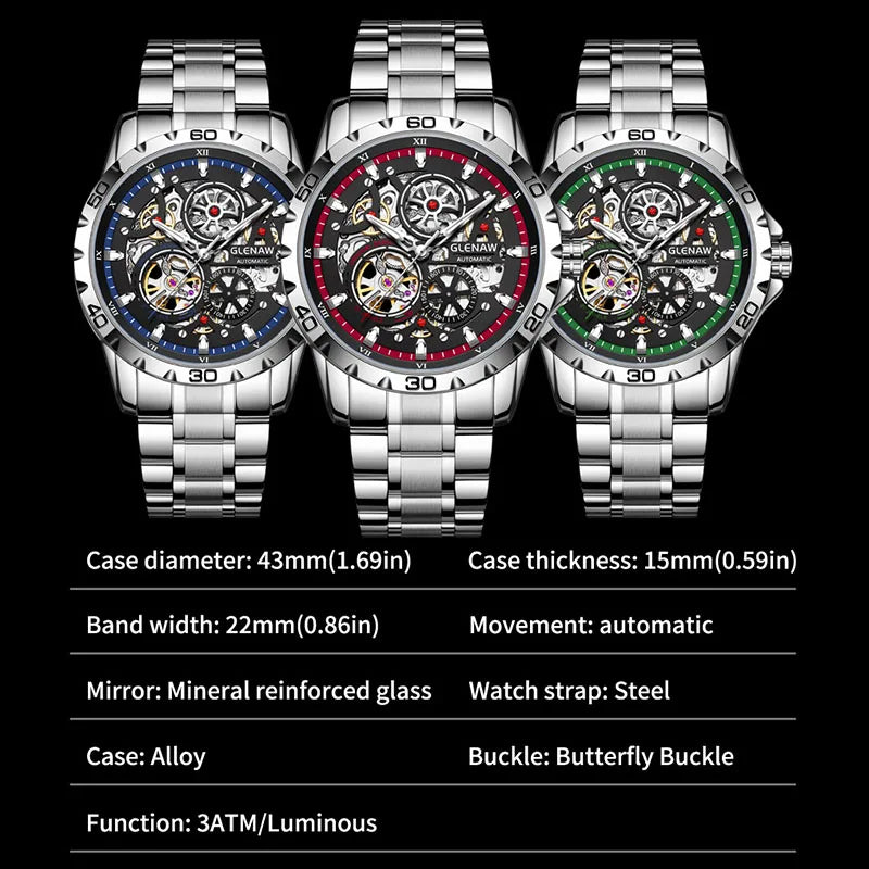 GLENAW Men's Steampunk Skeleton Waterproof Watch Luminous Stainless Steel Strap