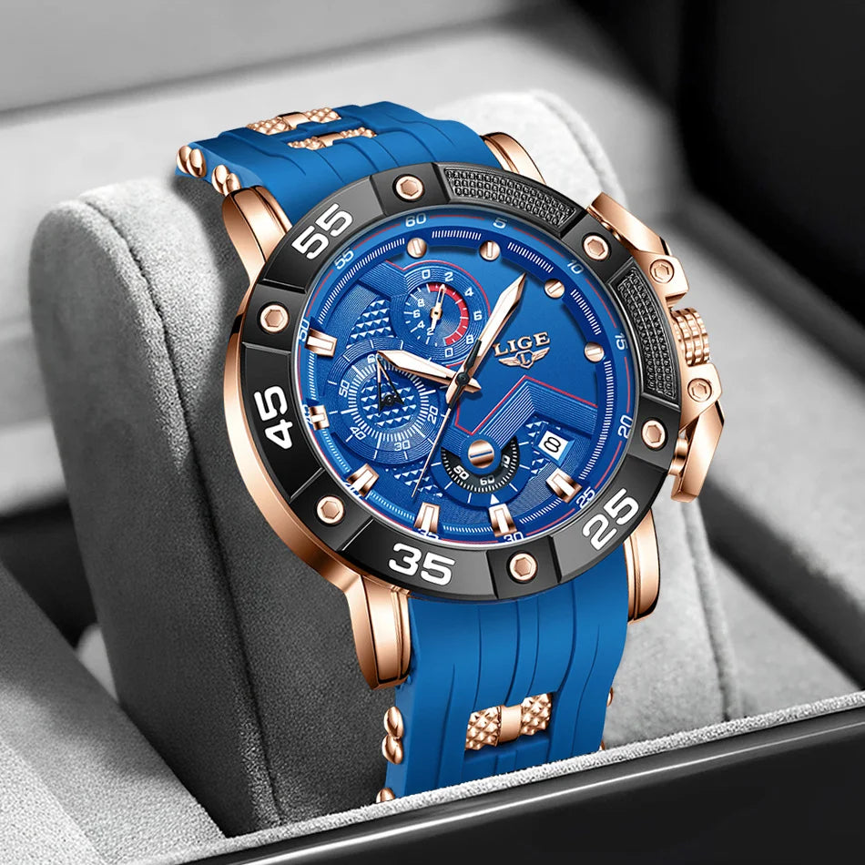 LIGE Men's Silicone Strap Military Sport Watch Waterproof Chronograph